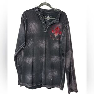 Affliction Live Fast Long Sleeve Shirt – Acid Wash Black/Red – Size M